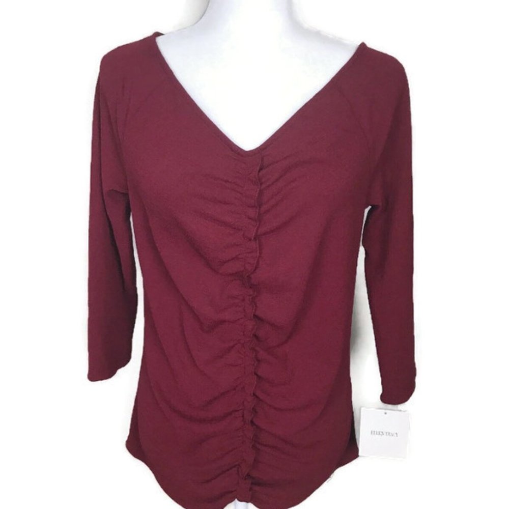 🔴 3/$15 Ellen Tracy V-Neck Ruched Top Blouse NWT
